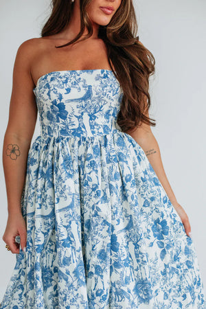 Strapless Botanical Print Fit-and-Flare Midi Dress