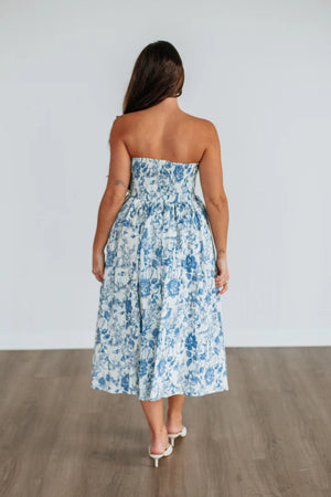 Strapless Botanical Print Fit-and-Flare Midi Dress