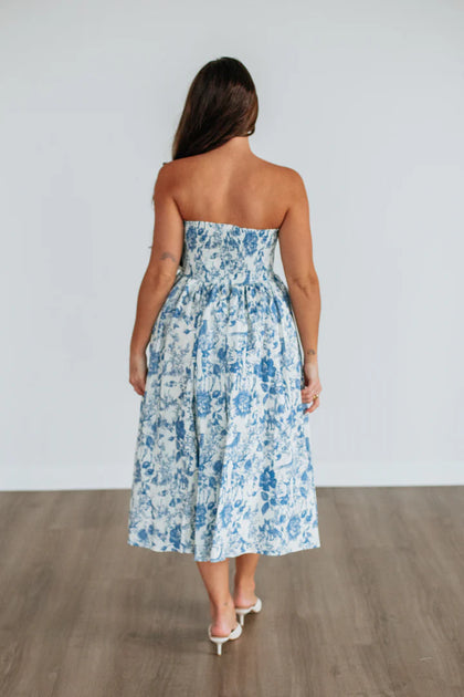 Strapless Botanical Print Fit-and-Flare Midi Dress